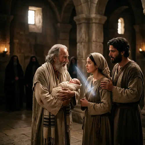 Tender Temple Scene: Simeon, Jesus, and Prophecy