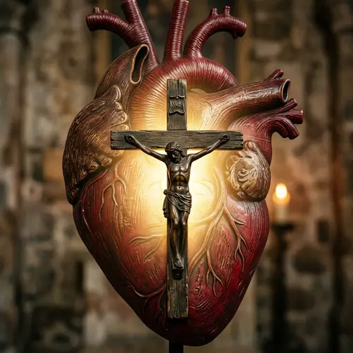 Sacred Christian Crucifix in Detailed Heart Symbol