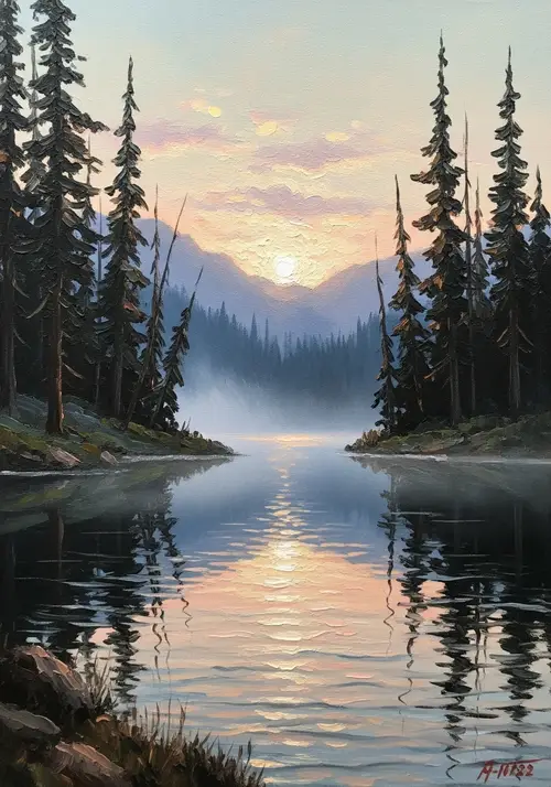 Serene Oil Painting of Mountain Lake at Dawn