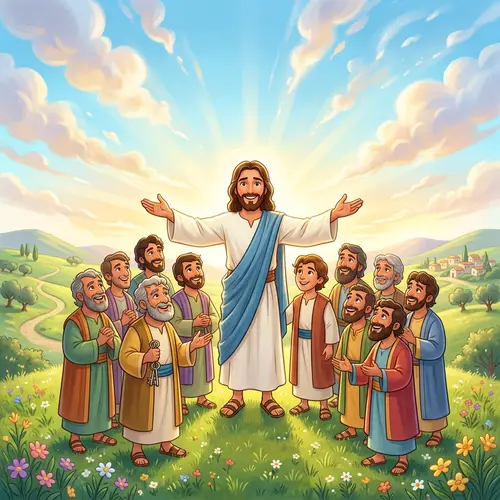 Cartoon Jesus Surrounded by Disciples in Peaceful Light