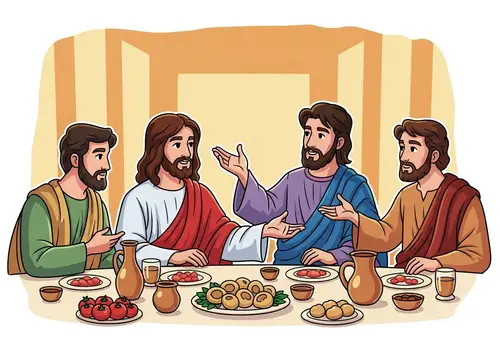 Vibrant Last Supper: Jesus, Peter, and John Cartoon