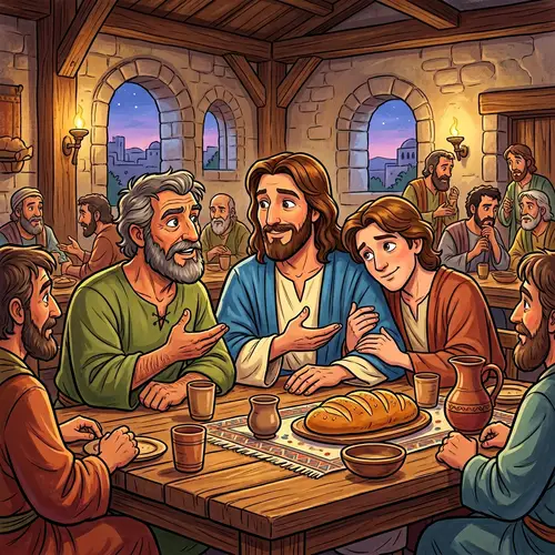Vibrant Last Supper: Jesus, Peter, and John Cartoon