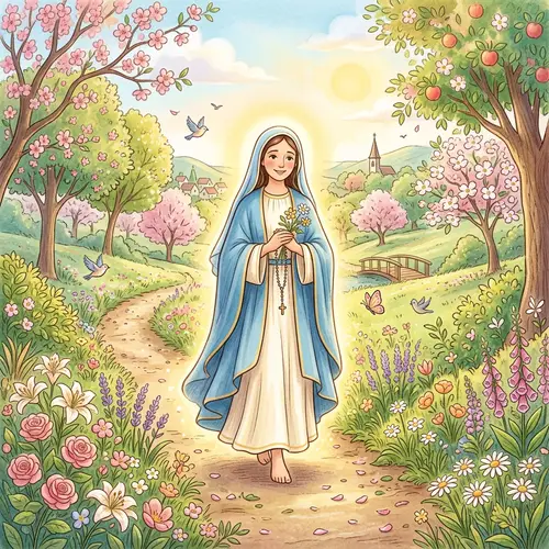 Blessed Virgin Mary Walking in Nature Illustration