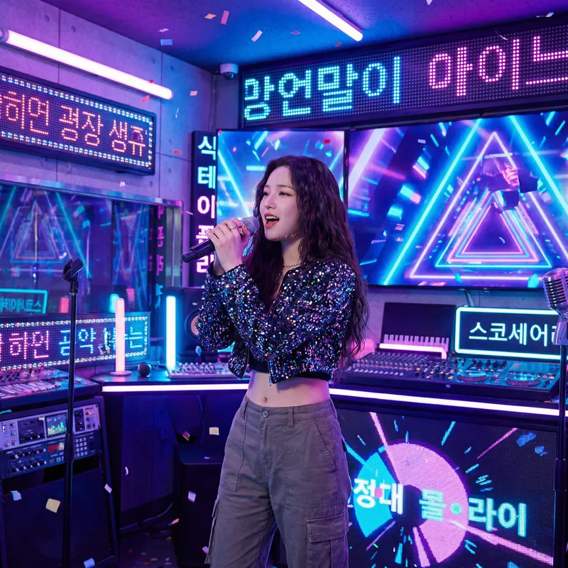 Famous Pop Singer in Neon Music Studio