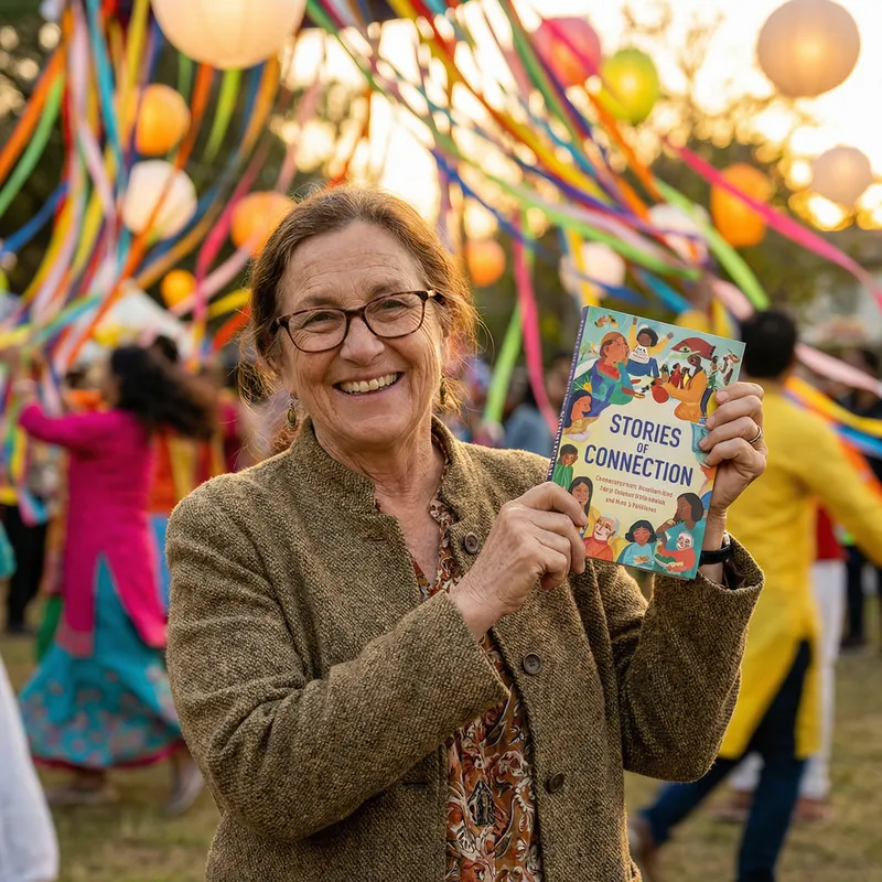 Trustworthy Woman Holding Book with Festive and Joyful Background Trustworthy Woman Holding Book with Festive and Joyful Background