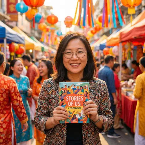 East Asian Woman Holding Book - Festival Vibe & Happiness