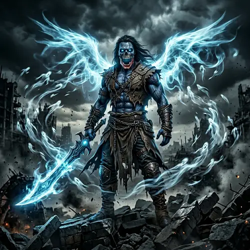 Spectral Winged Blue Figure with Ethereal Blade in Haunting Atmosphere