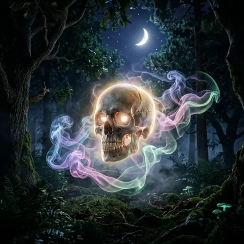 Ethereal Wish-Granting Human Skull in Moonlit Forest