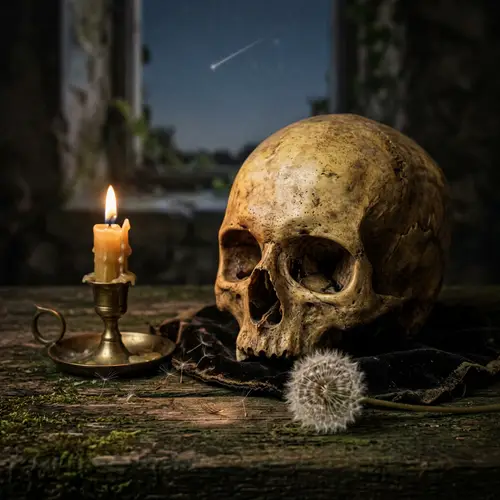 Intriguing Antique Skull Image with Symbolic Items - Hope and Death