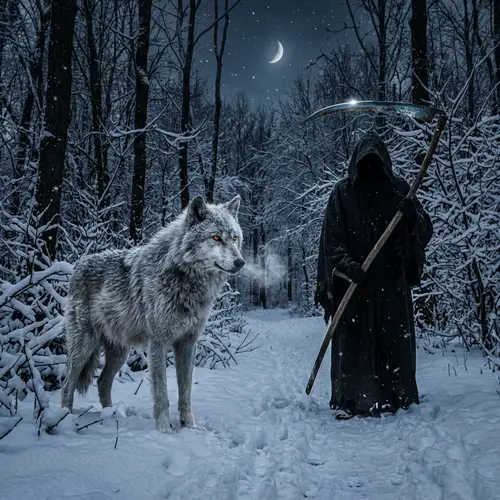 Fearsome Wolf Encounters Grim Reaper in Winter Forest