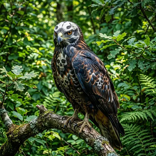 Majestic Bird with Skull-Like Markings Perched on Tree Branch