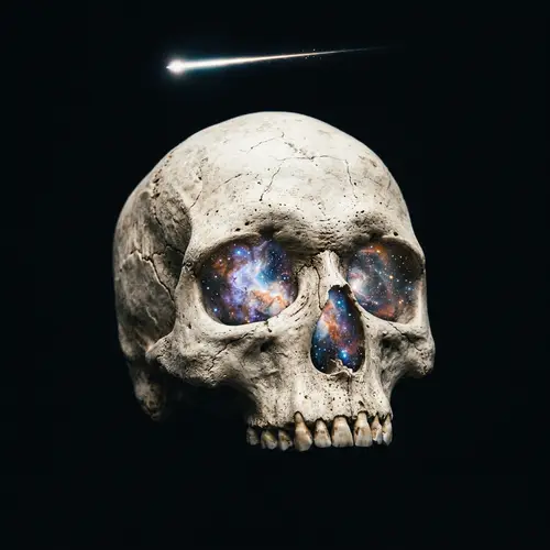 Cracked White Skull with Starry Universe - Eerie Yet Hopeful Image