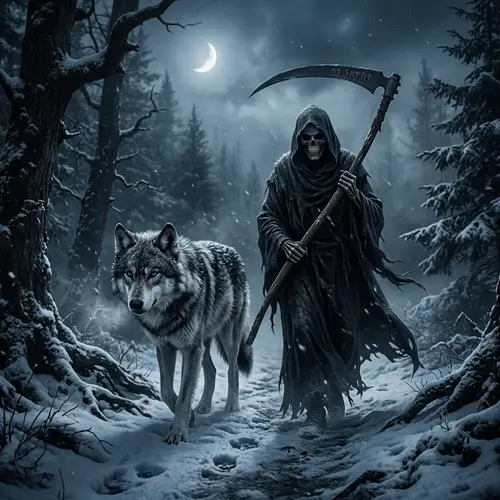Eerie Wolf and Grim Reaper Art | Mystic Depiction