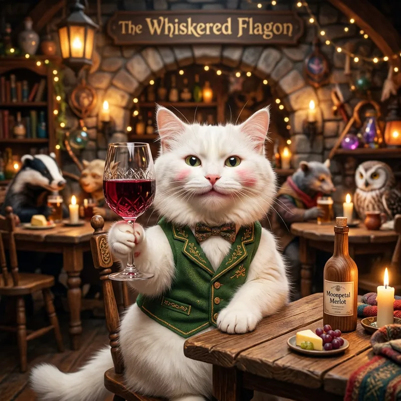 Charming White Cat with Red Wine Glass | Magical Fantasy Art Charming White Cat with Red Wine Glass | Magical Fantasy Art