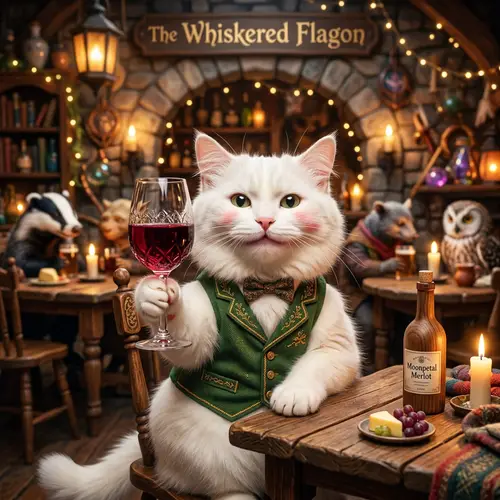 Whimsical White Cat Holding Glass of Red Wine | Playful Fantasy Art