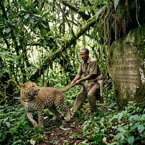 African Jungle Dilemma: Man Clutching Leopard's Tail