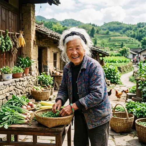 Elderly Chinese Woman in Countryside - Full of Vitality