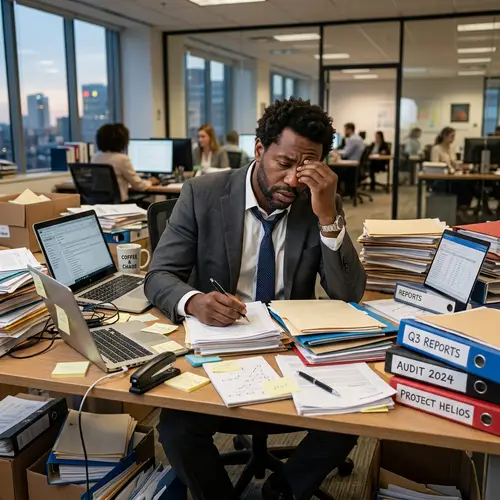 Stressed Executive in a Cluttered Office
