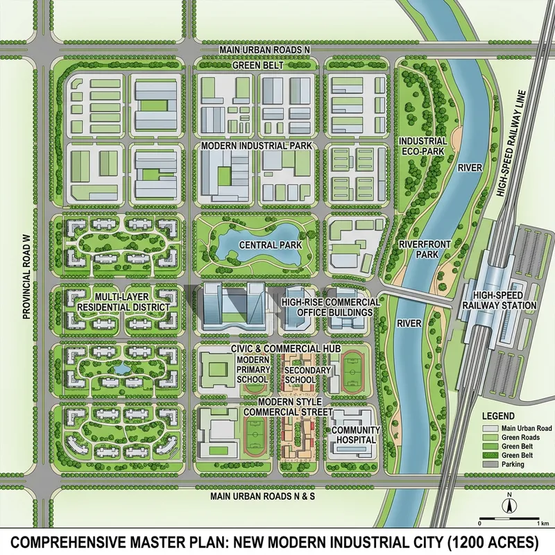 Master Plan for 1200-Acre Modern Industrial City with High-Speed Rail Station