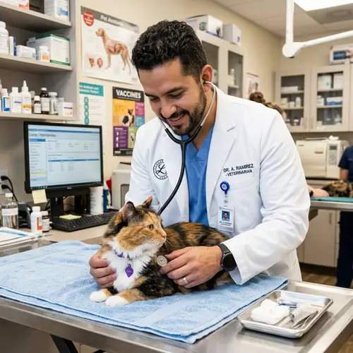 Hispanic Male Veterinarian Caring for Calico Cat | Vet Clinic