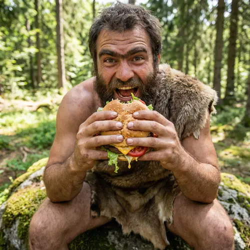 Neanderthal enjoying a hamburger in natural setting