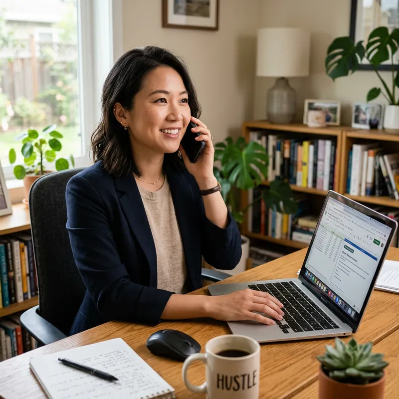Woman Working on Laptop While Taking a Phone Call