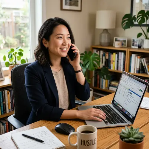 Asian Woman Multitasking at Desk with Laptop and Phone Call