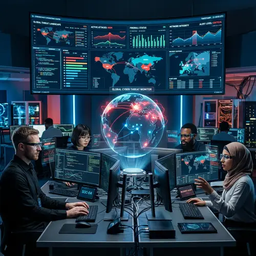 Futuristic Cybersecurity Scene with Diverse Specialists