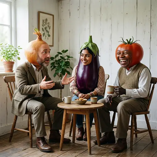 Comedic Scene: Onion, Eggplant & Tomato Engaged in Friendly Chat