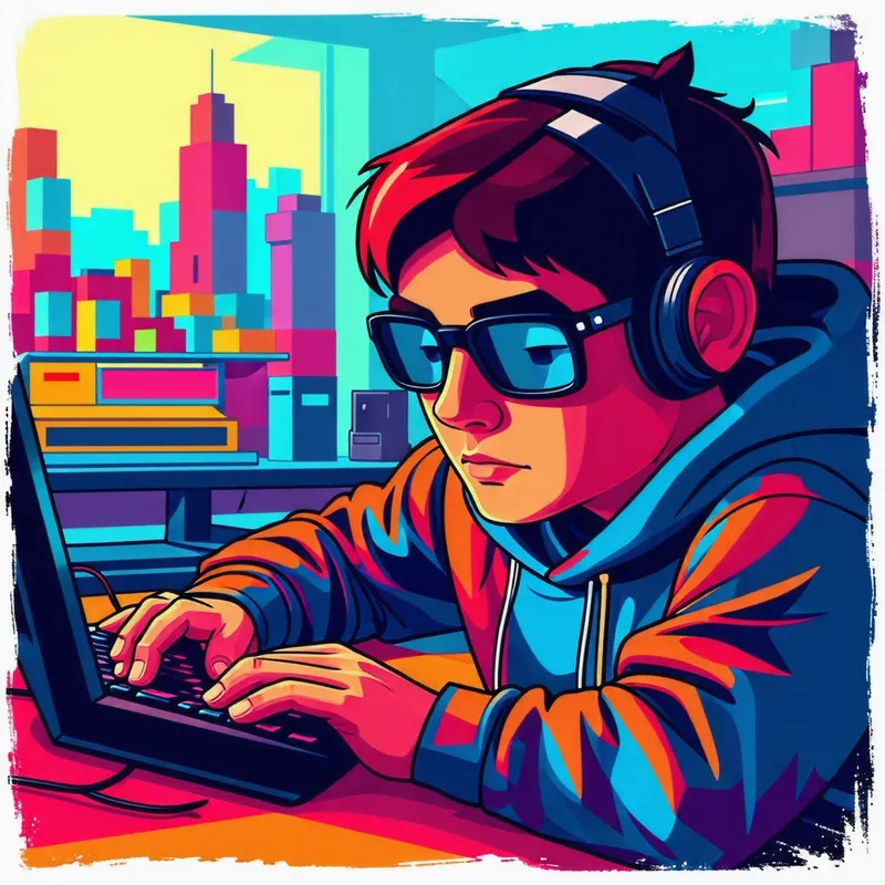 Colorful Gamer Playing Mindcraft - Exciting Gaming Experience Colorful Gamer Playing Mindcraft - Exciting Gaming Experience