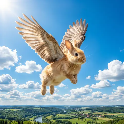 Magical Rabbit with Wings Flying in Clear Sky