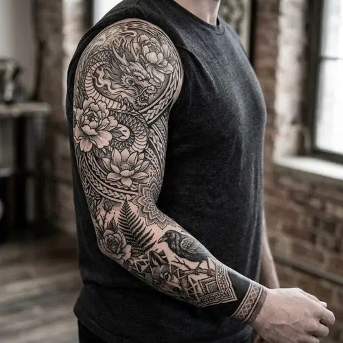Intricate Black Tattoo Design with Flowers, Tribal Patterns, and Animals