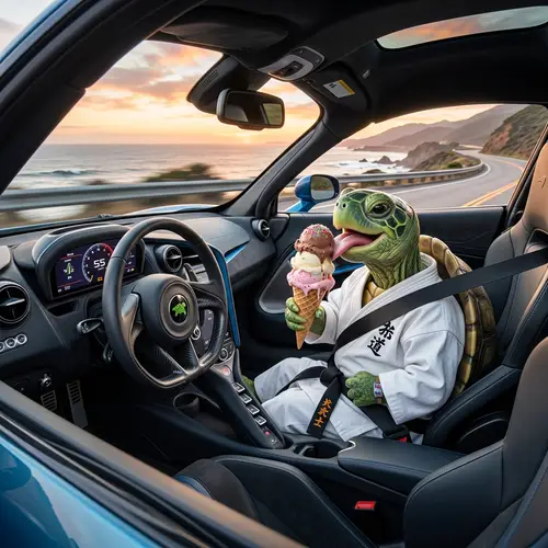 Karate-Practicing Turtle Enjoying Ice Cream in Luxury Sports Car