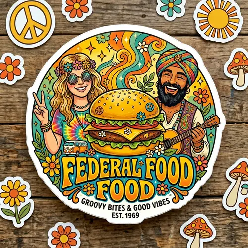 Golden-Yellow Themed Hamburger Stickers with Hippie People | Federal Food