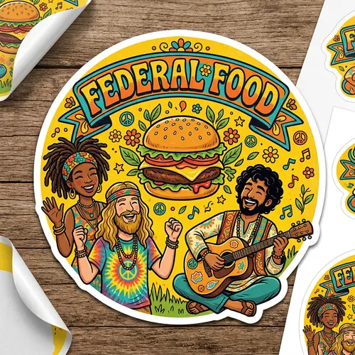 Colorful Burger Stickers with People in Hippie Style for Federal Food