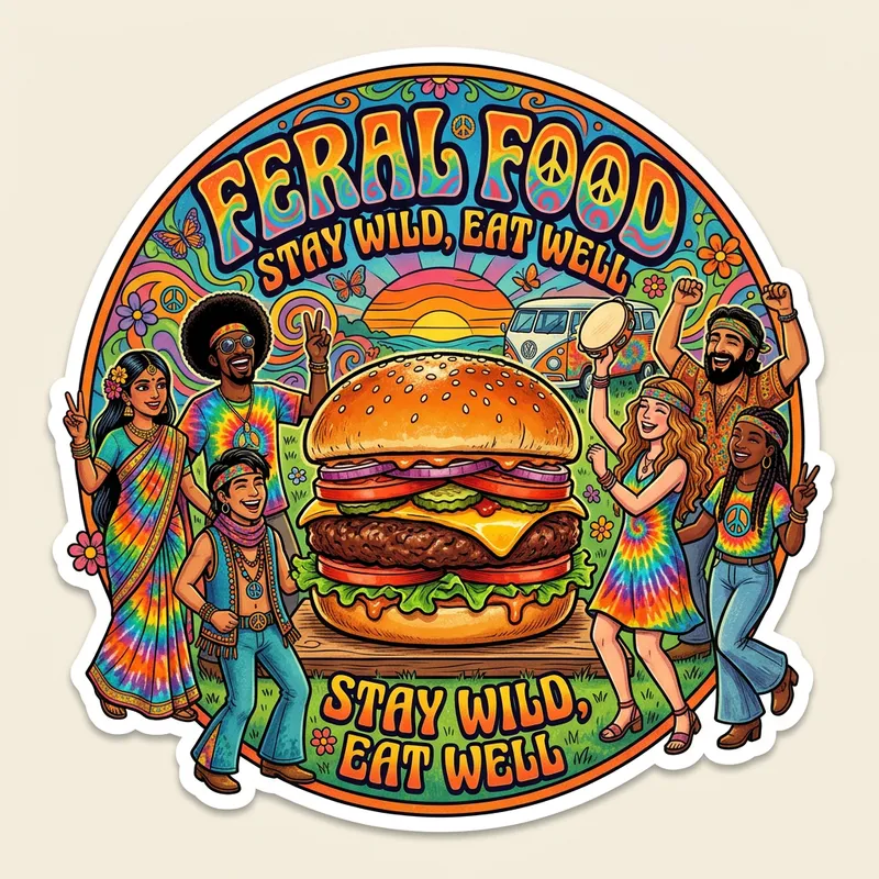 Feral Food Sticker: Psychedelic Hamburger with Diverse Hippie People
