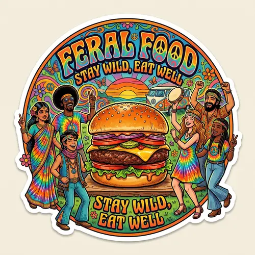 Feral Food Sticker: Juicy Hamburger with Groovy Hippie People