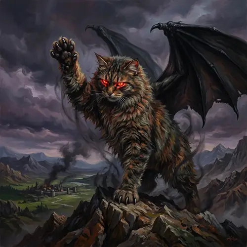 Giant Cat with Red Angry Eyes and Black Wings Unleashing Chaos