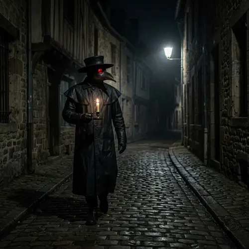Eerie Encounter: Plague Doctor Seeks Spark of Life in Dark Street