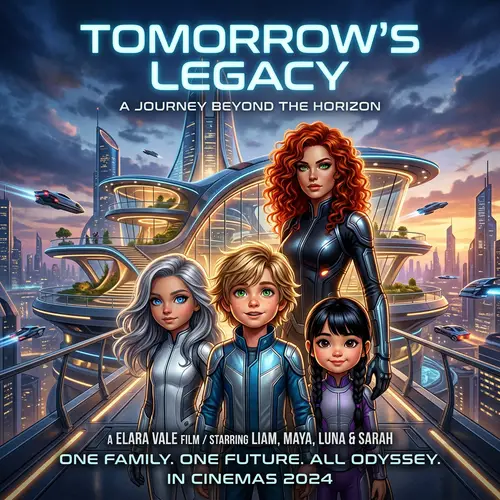 Futuristic Family Movie Poster: Boy, Girls & Woman with Unique Hair and Eye Colors