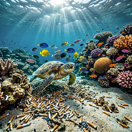 Impact of Cigarette Ends on Sea Life: Underwater Scene