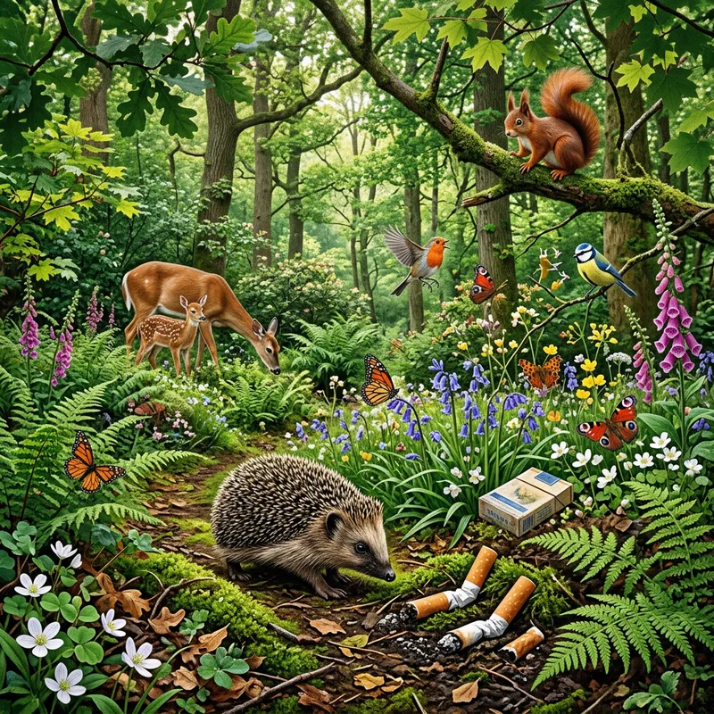 Cute Wildlife in Lush Forest with Diverse Animals and Cigarette Litter