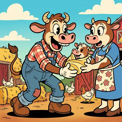 Playful Humanoid Cow Cartoon Taking Baby Illustration