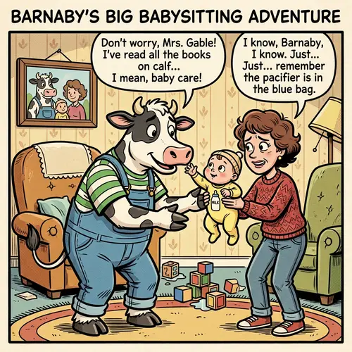 Funny Cartoon of Anthropomorphic Bovine Taking Child