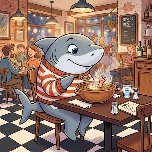 Cartoon Shark Eating Soup in Bistro | Illustration