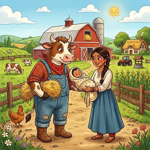 Adorable Anthro Cow and South Asian Mother Bonding on Green Farm
