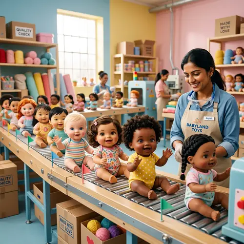 Heartwarming Toy Factory Scene: Diverse Toy Babies on Conveyor Belt