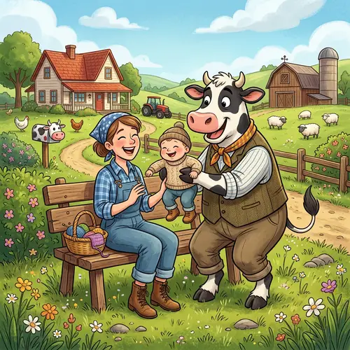 Humorous Pastoral Farm Cartoon: Cow Character and Baby