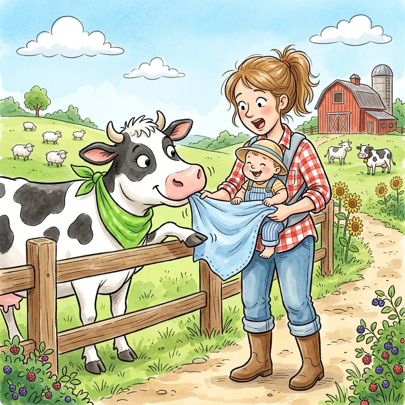 Funny Cartoon Cow Snatches Baby in Rustic Setting