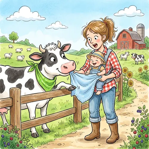Playful Cartoon Cow Grabs Baby in Rural Scene